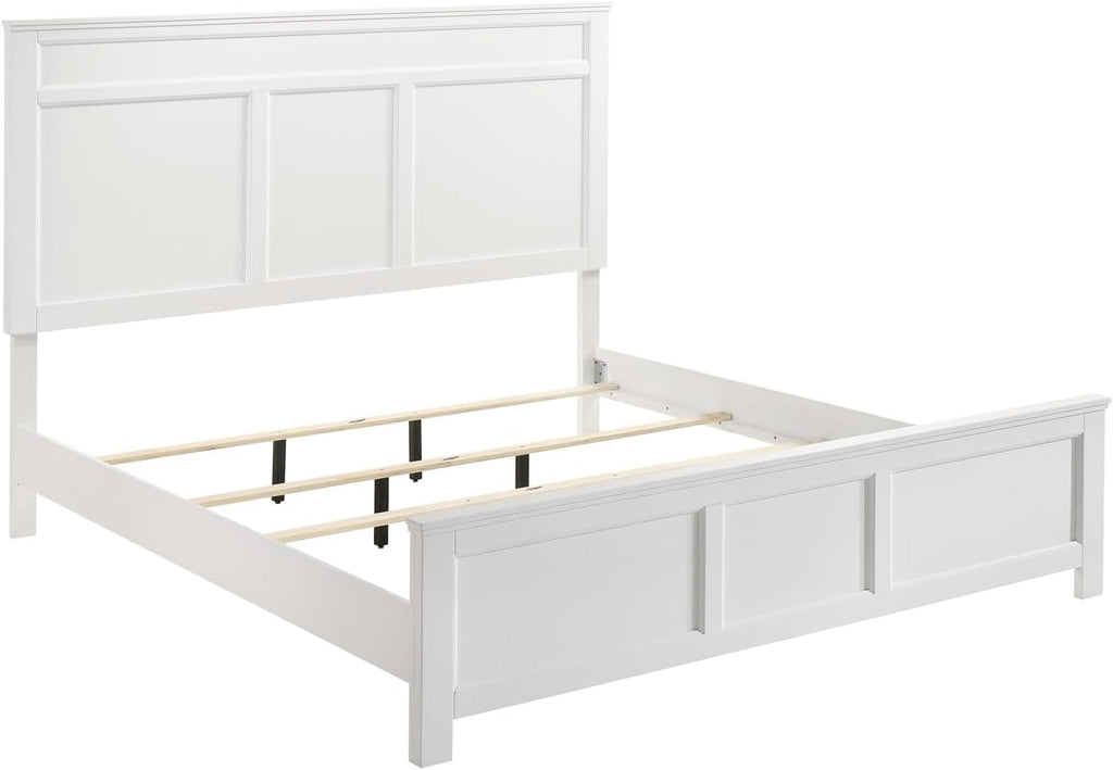HomeStock Wood Panel Bed - White Finish - Bedroom Furniture with Headboard California King