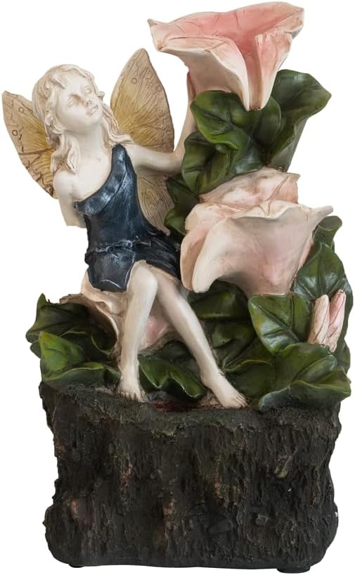 8.9x4.7x13.4 Decorative 3 Tier Tabletop Water Fountain with Fairy and LED Light, Angel Girl with Pink Flower Design, for Indoor Tabletop and Outdoor