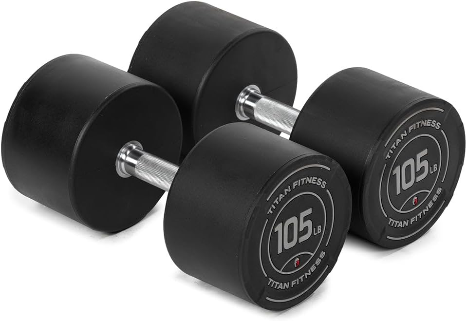 Titan Fitness Round Urethane Dumbbells, Medium Volcano Knurling, 33mm Grip, Easy-to-Read Weight Indicators, Free Weights for Strength Training