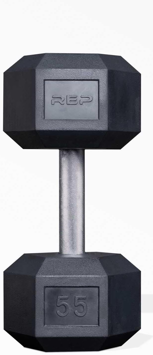 Rep Fitness Rubber Hex Dumbbell(s) - Singles (55LB +) and Pairs (5LB - 50LB) - Low Odor, Fully Knurled Handle