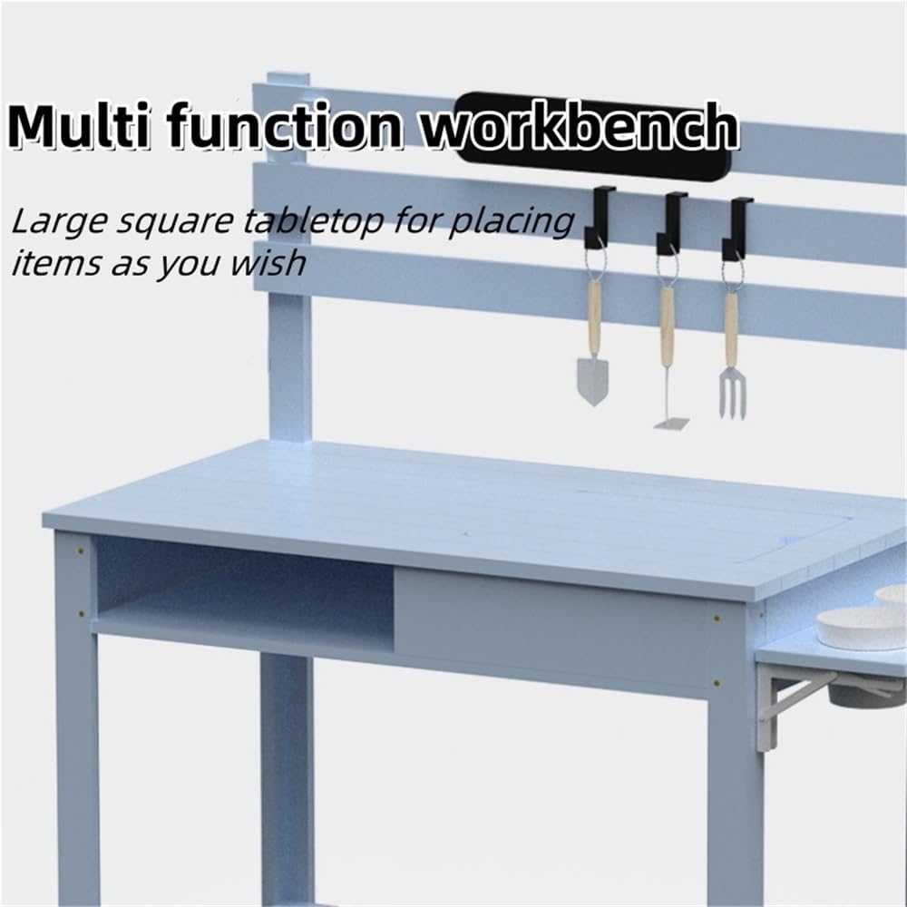 Outdoor Soild Wooden Potting Bench, Potting Bench with Sink, Multi Layer Storage Potting Table, Multi Function Garden Table with 3 Hooks, Gardening Table for Patio, Lawn and Porch(Blue)
