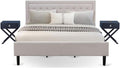 East West Furniture FN08K-2HAE0 3-Piece Fannin King Size Bedroom Set with 1 Mid Century Bed and 2 Mid Century Modern Nightstands - Reliable and Sturdy Manufacturing - Mist Beige Linen Fabric