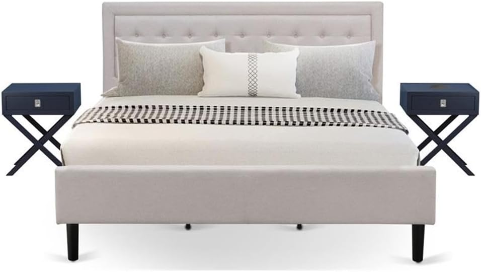 East West Furniture FN08K-2HAE0 3-Piece Fannin King Size Bedroom Set with 1 Mid Century Bed and 2 Mid Century Modern Nightstands - Reliable and Sturdy Manufacturing - Mist Beige Linen Fabric