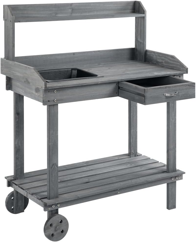 Sturdy Wooden Potting Bench with Removable Sink, Rolling Wheels, Spacious Storage Shelves and Drawer for Garden Workstation Use