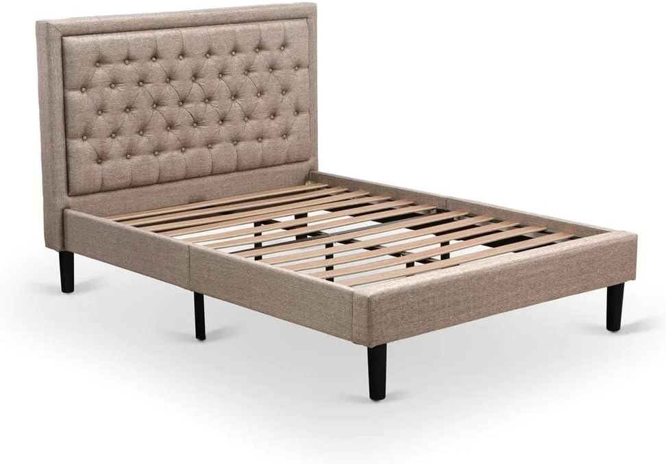 East West Furniture KDF-16-F Platform Full Size Bed - Dark Khaki Linen Fabric Upholstered Bed Headboard with Button Tufted Trim Design - Black Legs