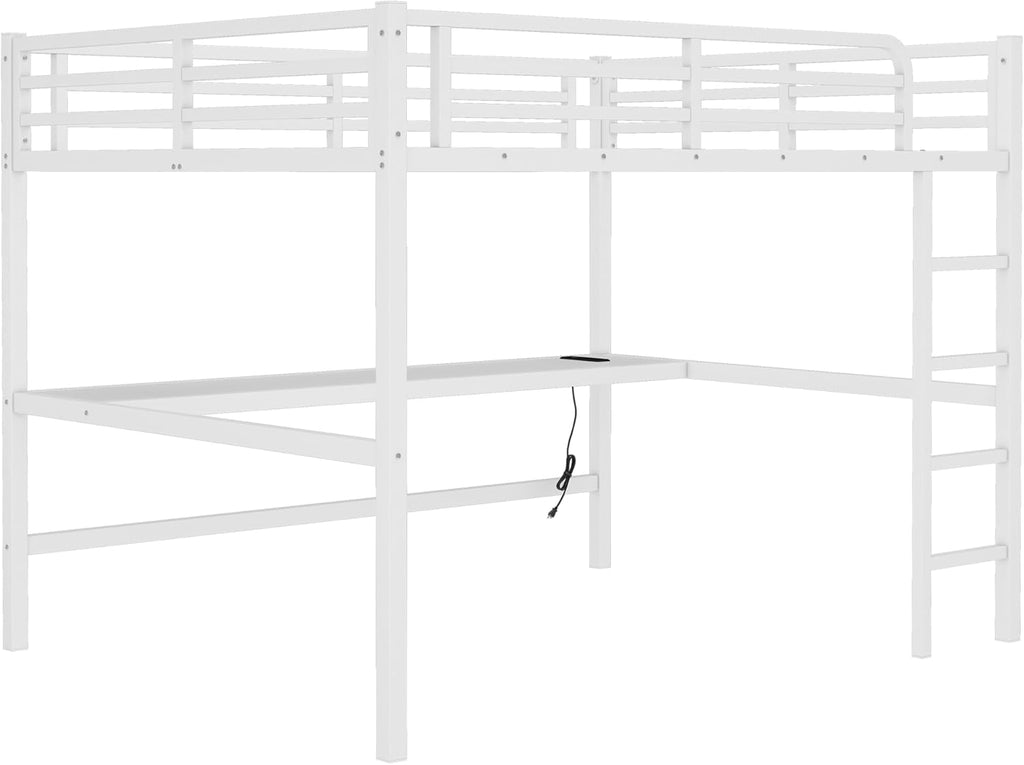 Bellemave Metal Queen Size Loft Bed with Desk and Charging Station,Heavy Duty Loft Bed Frame with LED Lights and USB for Kids,Teens,Adults,Queen Size,White