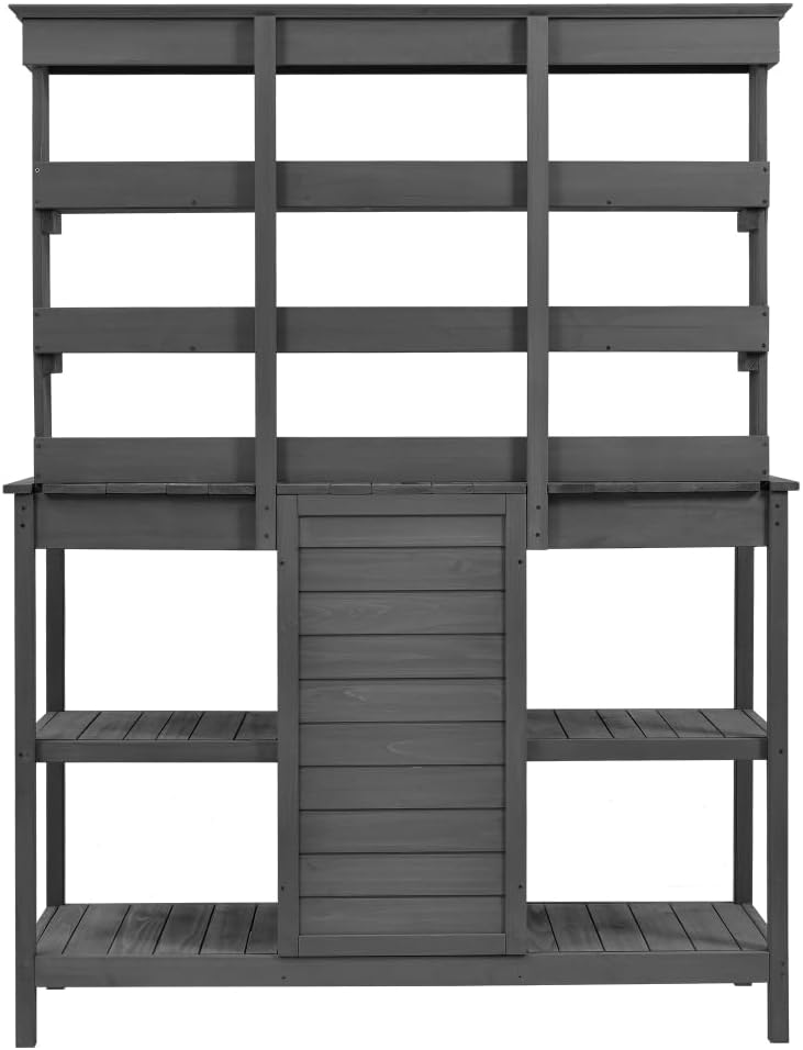 Sturdy Farmhouse-Style Wooden Potting Bench for Outdoor Gardening, Spacious Work Surface with Storage Shelves, Drawers and Cabinet (Gray + Solid Wood + Wood)