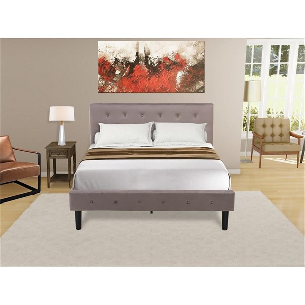 East West Furniture NL14F-1DE07 2 Piece Full Bed Set - Button Tufted Wood Bed Frame - Brown Taupe Velvet Fabric Upholstered Headboard and a Distressed Jacobean Finish Nightstand