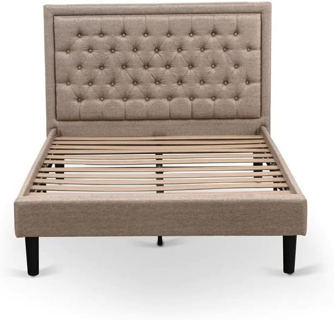 East West Furniture KDF-16-F Platform Full Size Bed - Dark Khaki Linen Fabric Upholstered Bed Headboard with Button Tufted Trim Design - Black Legs