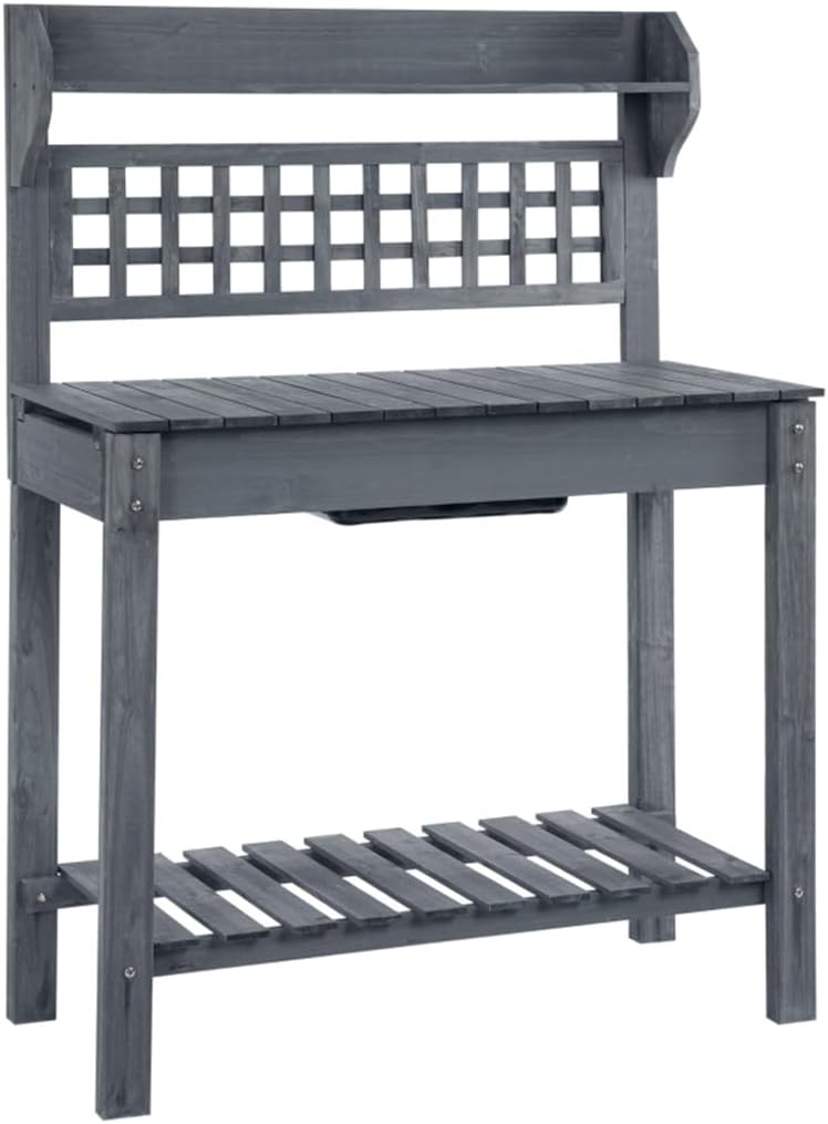 Outdoor Potting Bench W/Sliding Tabletop,Storage Shelf and Dry Sink,Wooden Workstation for Greenhouse,Garden,Patio(E)