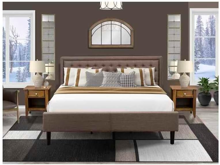 HomeStock Baroque Bliss 3 Pc Bedroom Set 1 King Platform Bed Frame Brown Linen Fabric Padded and Button Tufted Headboard 2 Night Stand with Wooden Drawer Black Finish Legs