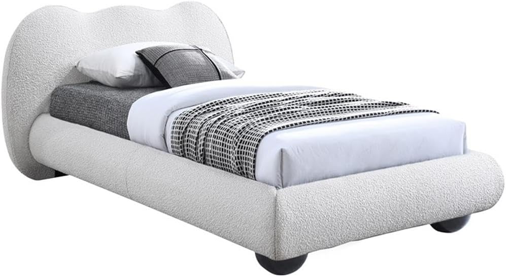 Meridian Furniture HydeCream-T Hyde Collection Modern | Contemporary Twin Bed with Rich Cream Boucle Fabric, Both Natural and Black Finish Solid Wood Legs, 54.5' W x 85.5' D x 35.75' H, Cream, Twin