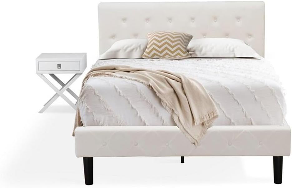 East West Furniture NL19F-1HA14 2 Piece Bedroom Set - Full Size Button Tufted Platform Bed Frame - Linen white Velvet Fabric Upholstered Headboard and an Urban Gray Finish Nightstand
