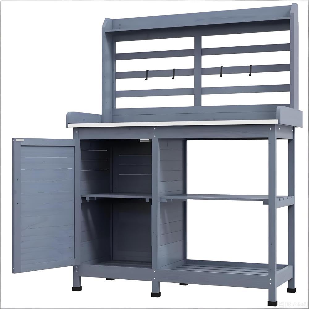 Premium Wooden Potting Bench with Built-in Sink, Adjustable Shelf, Tool Hooks, and Ample Storage for Gardeners (Grey + Wood)