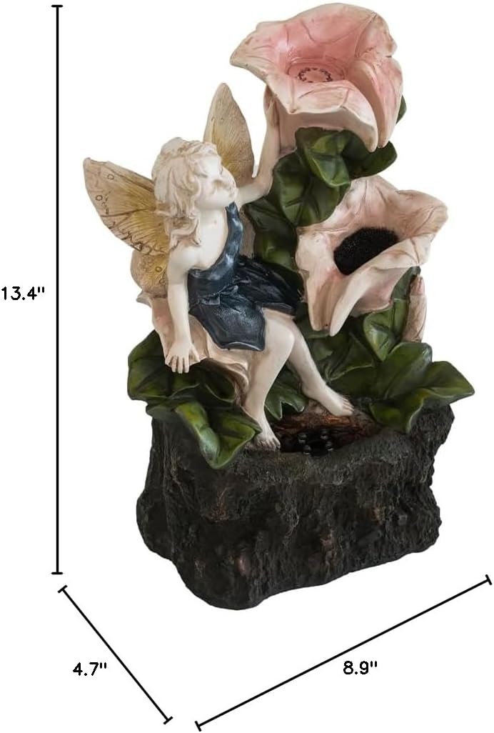 8.9x4.7x13.4 Decorative 3 Tier Tabletop Water Fountain with Fairy and LED Light, Angel Girl with Pink Flower Design, for Indoor Tabletop and Outdoor