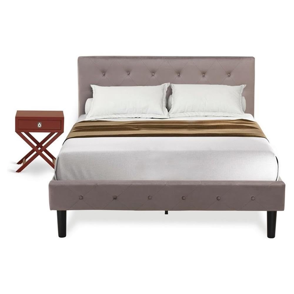 East West Furniture NL14F-1HA13 2 Piece Full Bed Set - Button Tufted Platform Bed Frame - Brown Taupe Velvet Fabric Upholstered Headboard and a Burgundy Finish Nightstand