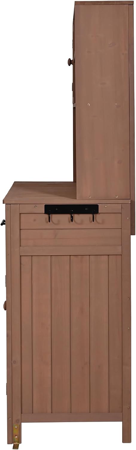 Potting Bench with Hutch, 65' H Solid Fir Wood Garden Workstation, Large Countertop,Patio Kitchen Island with Adjustable Shelves,Spice Rack, Side Hook and Drawer (Brown-Drawer)