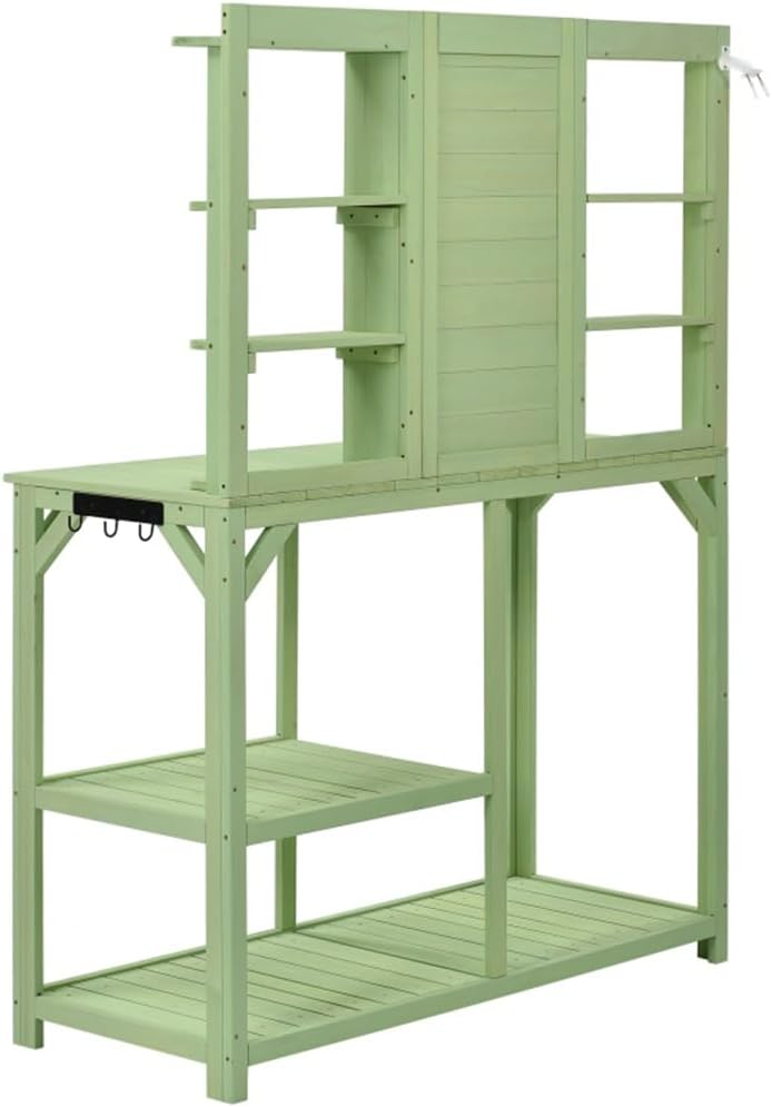 64.6' Large Outdoor Potting Bench, Wood Workstation with 6-Tier Shelves, Tabletop and Side Hook(E)