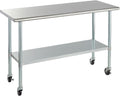 ROCKPOINT Stainless Steel Table for Prep & Work with Caster Wheels 24x60 Inches, NSF Metal Commercial Kitchen Heavy Duty Table with Adjustable Under Shelf and Table Foot for Restaurant, Home and Hotel