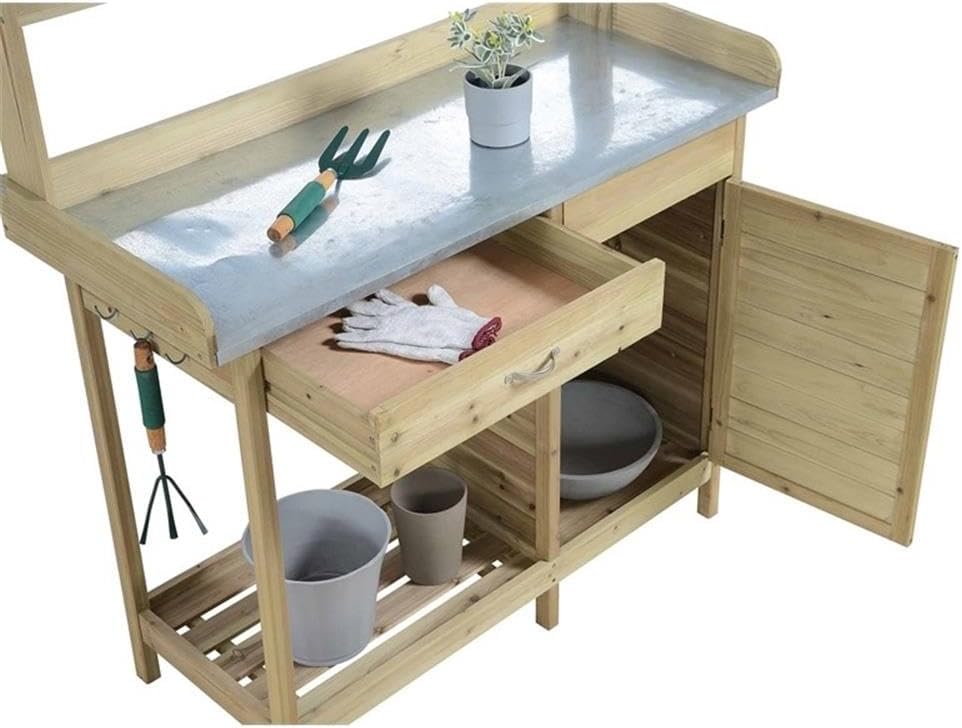Pemberly Row Deluxe Potting Bench, 49' H x 44' W x 18' D, Natural Fir Wood Finish, Weather Resistant, Cabinet and Drawer, Open Shelf, Spacious Worktop, Pre-Attached Side Hooks, Outdoor Gardening