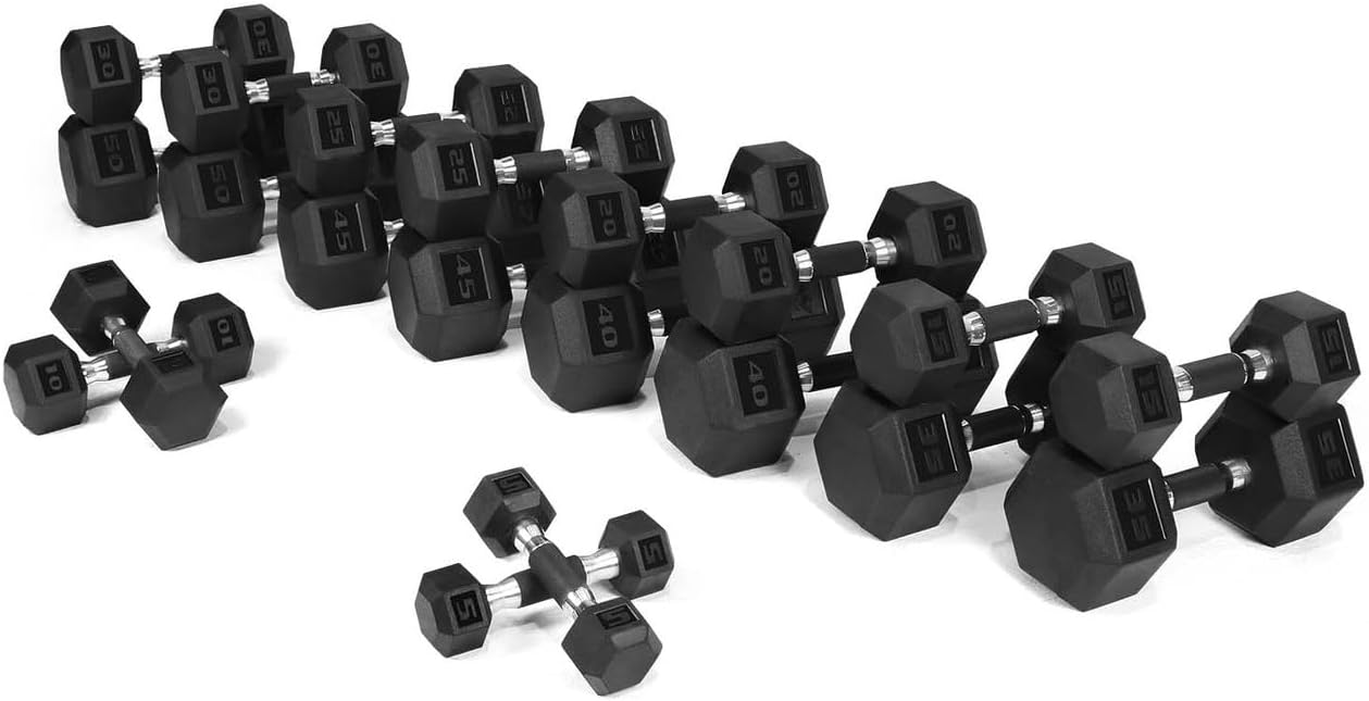 WF Athletic Supply Rubber Encased Hex Dumbbells with Rubber Grip Contoured Handle for Muscle Toning, Strength Building & Full Body Workout