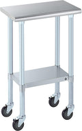 ROCKPOINT Stainless Steel Table for Prep & Work with Caster Wheels 14x24 Inches, NSF Metal Commercial Kitchen Heavy Duty Table with Adjustable Under Shelf and Table Foot for Restaurant, Home and Hotel