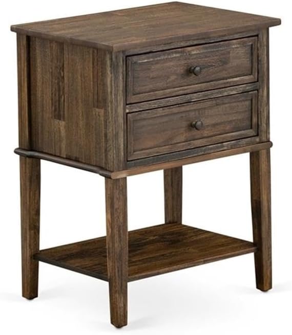 East West Furniture GB28K-1VL07 2-Pc Platform Wooden Set for Bedroom with Button Tufted Bed and 1 Distressed Jacobean Mid Century Nightstand - Brown faux Leather with Brown Texture and Black Legs