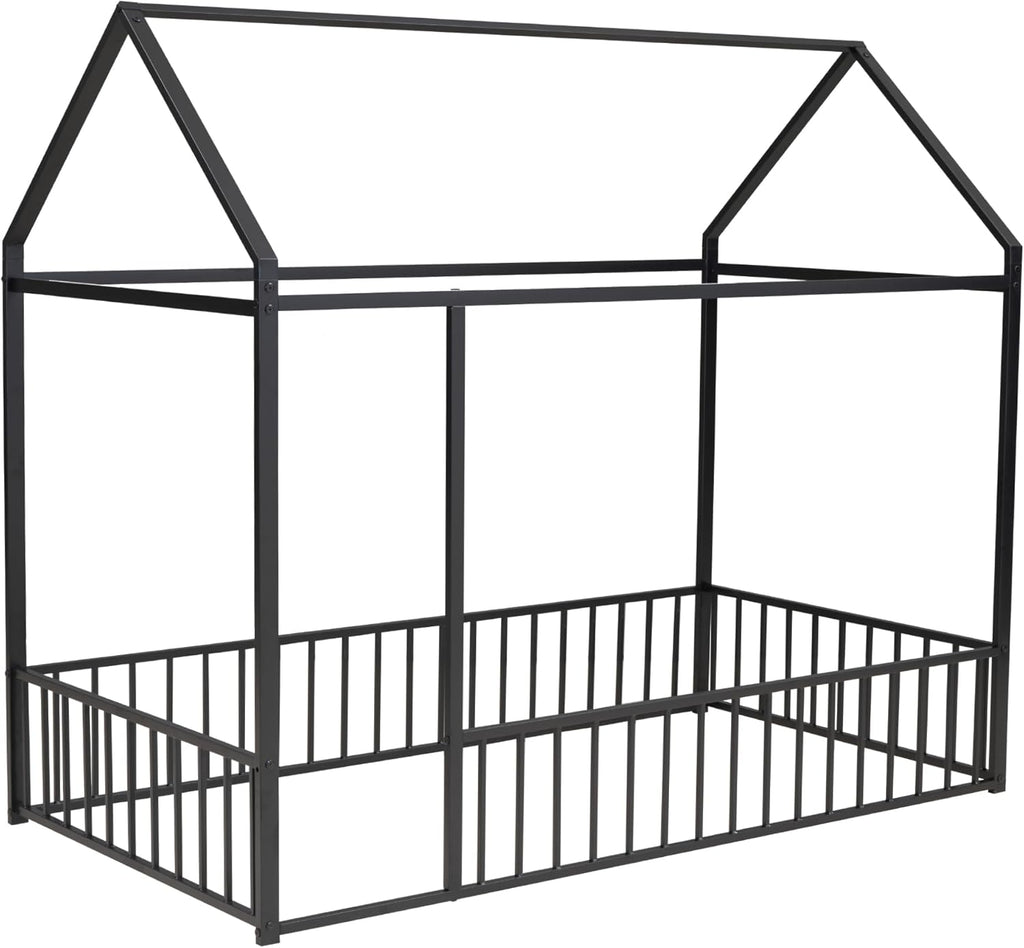 Bellemave Twin Size House Floor Montessori Bedframe with Rails and roof, Metal House Bed for Kids, Montessori Floor Beds for Kids, Black