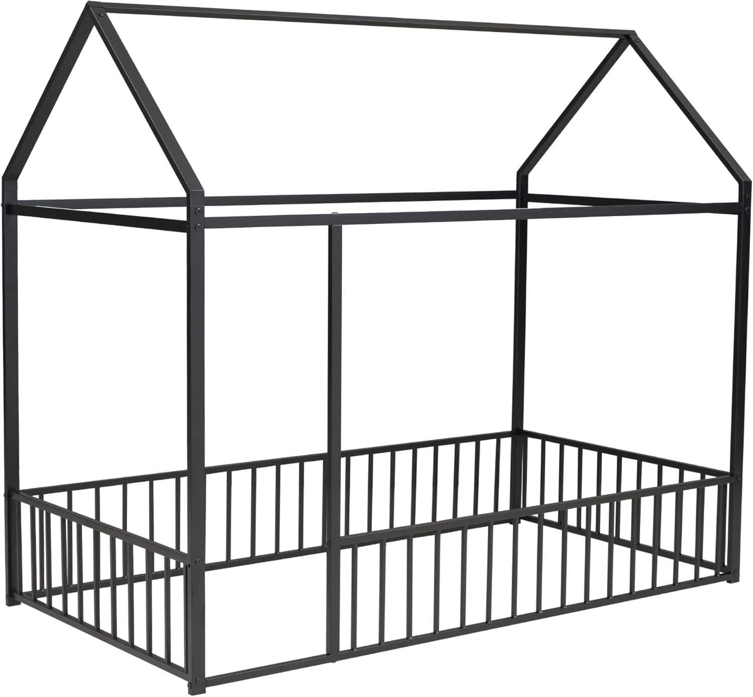 Bellemave Twin Size House Floor Montessori Bedframe with Rails and roof, Metal House Bed for Kids, Montessori Floor Beds for Kids, Black