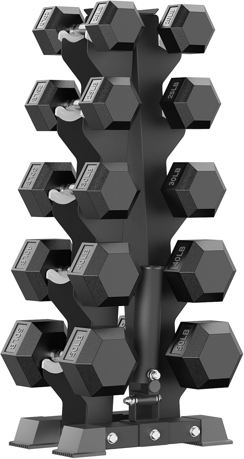 PAPABABE Hex Dumbbell Set with Rack, 85-560lb Rubber Encased Dumbbell Free Weights Dumbbells Set with Storage Rack, Hand Weights Set for Strength Training