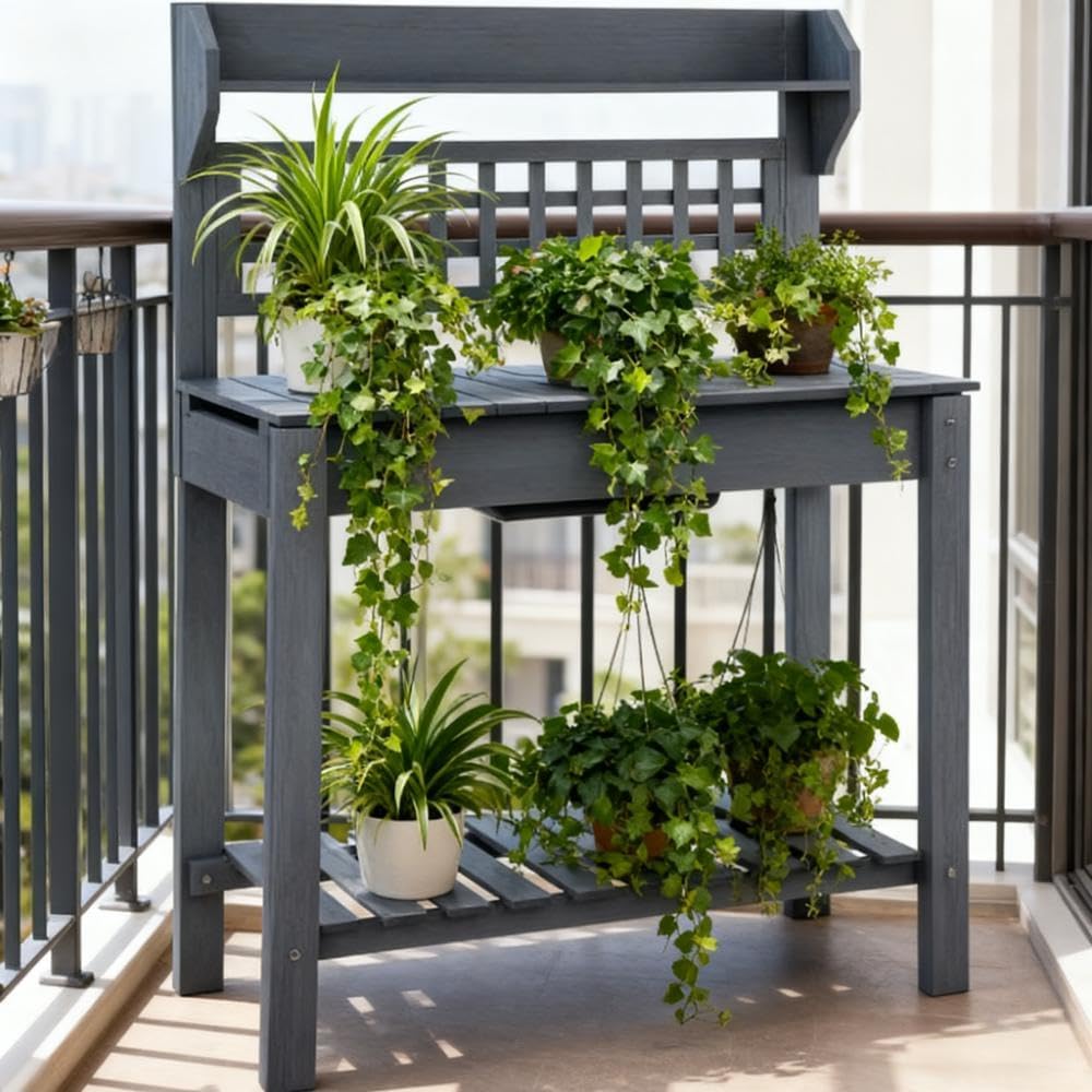 Wooden Workstation,Outdoor Potting Bench Table,with Sliding Tabletop,Storage Shelf and Dry Sink,for Greenhouse,Garden,Patio