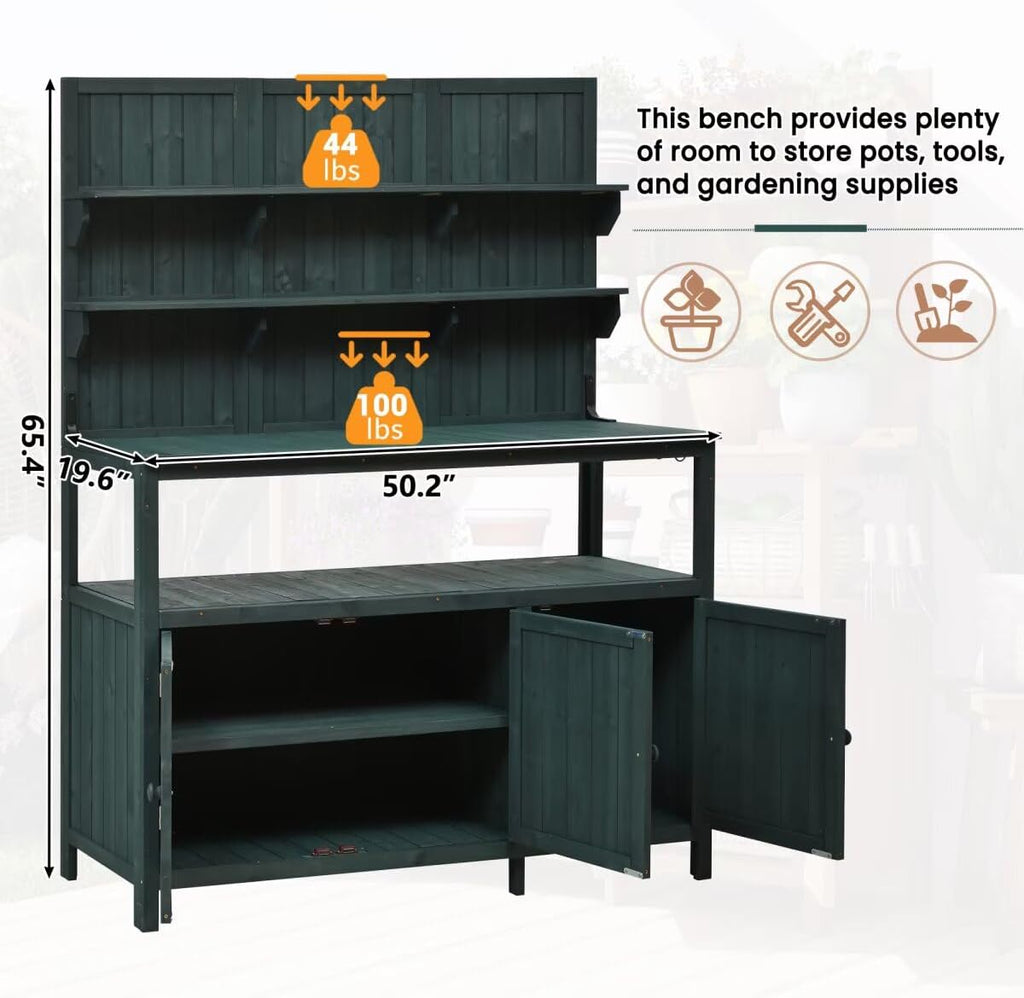 JIJIWANG Potting Bench with Hutch, 50.2' Solid Fir Wood Garden Workstation, Large Countertop, 2 Shelves, 2 Cabinets, 3 Side Hooks, Outdoor Planting Table for Gardening, Forest Green