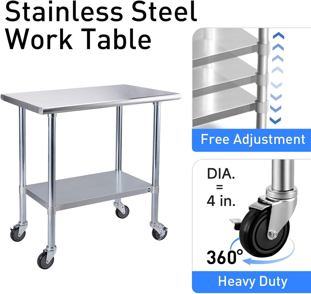 ROCKPOINT Stainless Steel Table for Prep & Work with Caster Wheels 14x24 Inches, NSF Metal Commercial Kitchen Heavy Duty Table with Adjustable Under Shelf and Table Foot for Restaurant, Home and Hotel