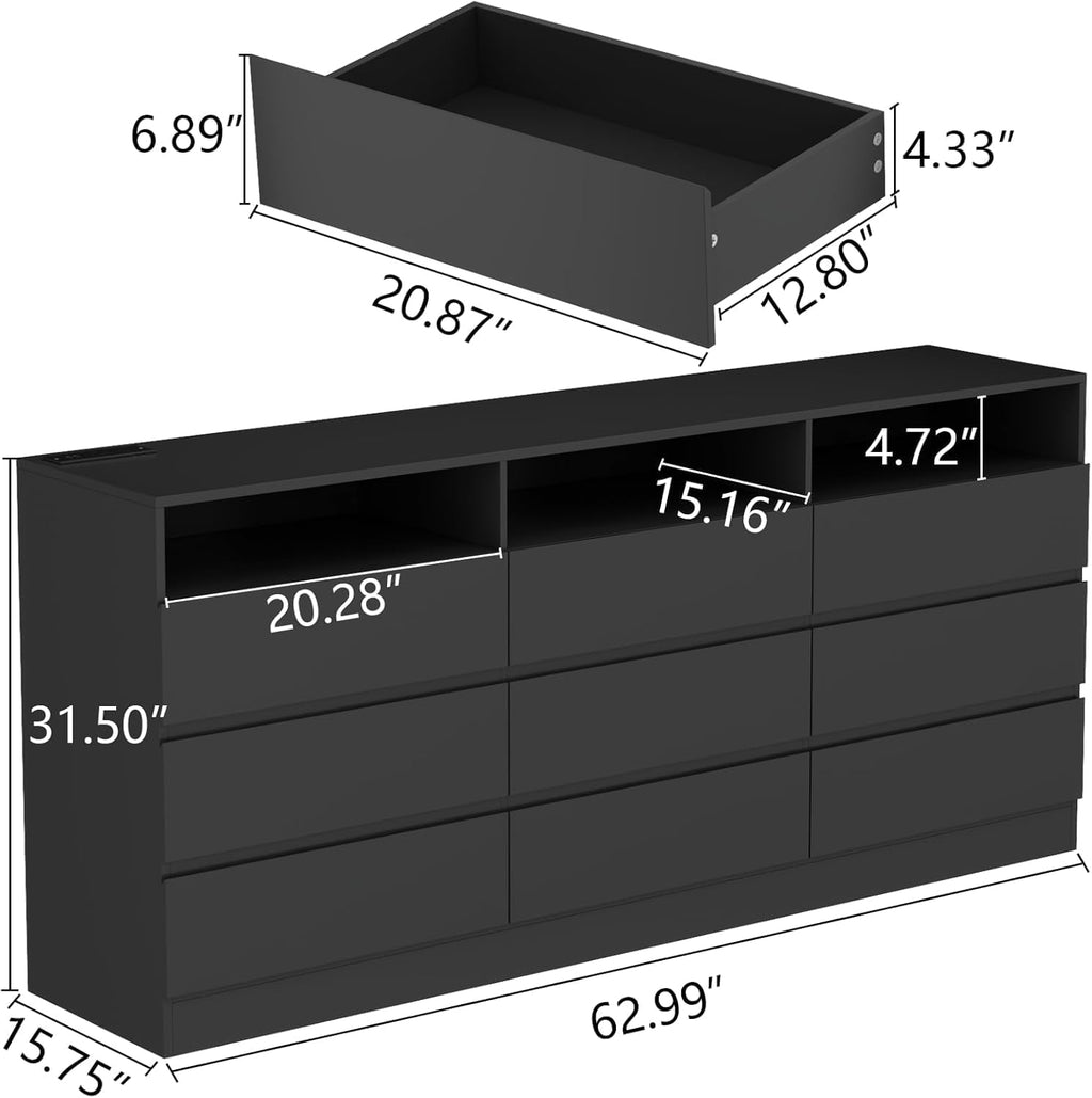 Loomie 9 Drawer Dresser for Bedroom with LED Lights & Power Outlet, Large 63' Black Dressers & Chest w/Deep Drawers, Triple Wide Dresser TV Stand for TVs up to 75',Dressers Organizer w/3 Open Cubbies