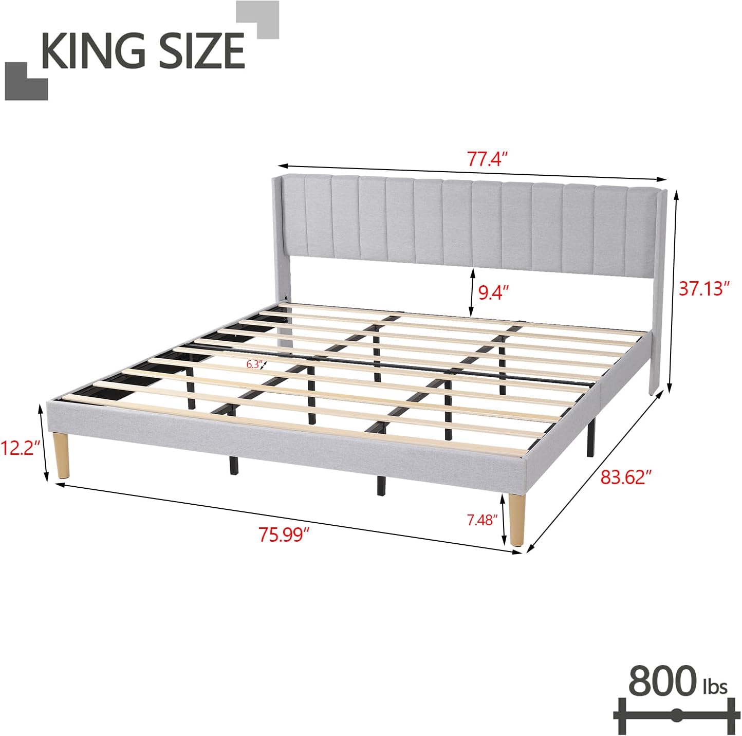 King Size Bed Frame with Headboard, Modern Upholstered Linen Platform Bed, Heavy Duty Wooden Slats Support, No Box Spring Needed, Noise-Free & Easy Assembly, Light Grey