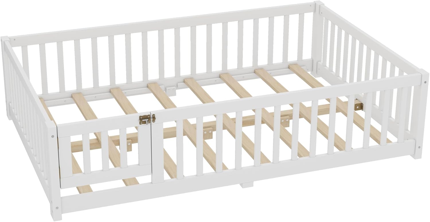 Full Size Floor Bed with Door and Fence for Kids, Montessori Floor Bed with Slats and Safety Guardrails,Solid Wood Full Bed Frame for Girls Boys(Full,White)