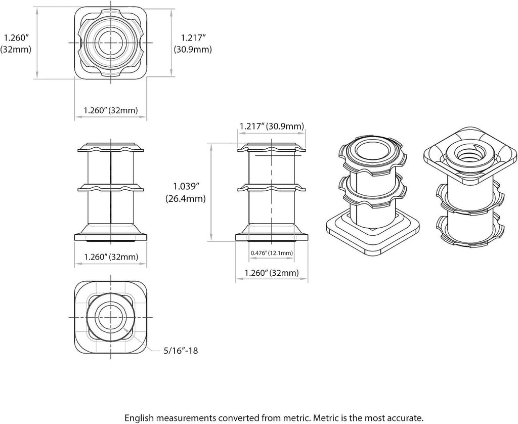 Outwater Industries Double Star Threaded Caster Insert | Heat Treated Steel | Fits 1-1/4 Inch Square 16-18 Gauge Tube | Thread: 5/16-18 | 100 Pack