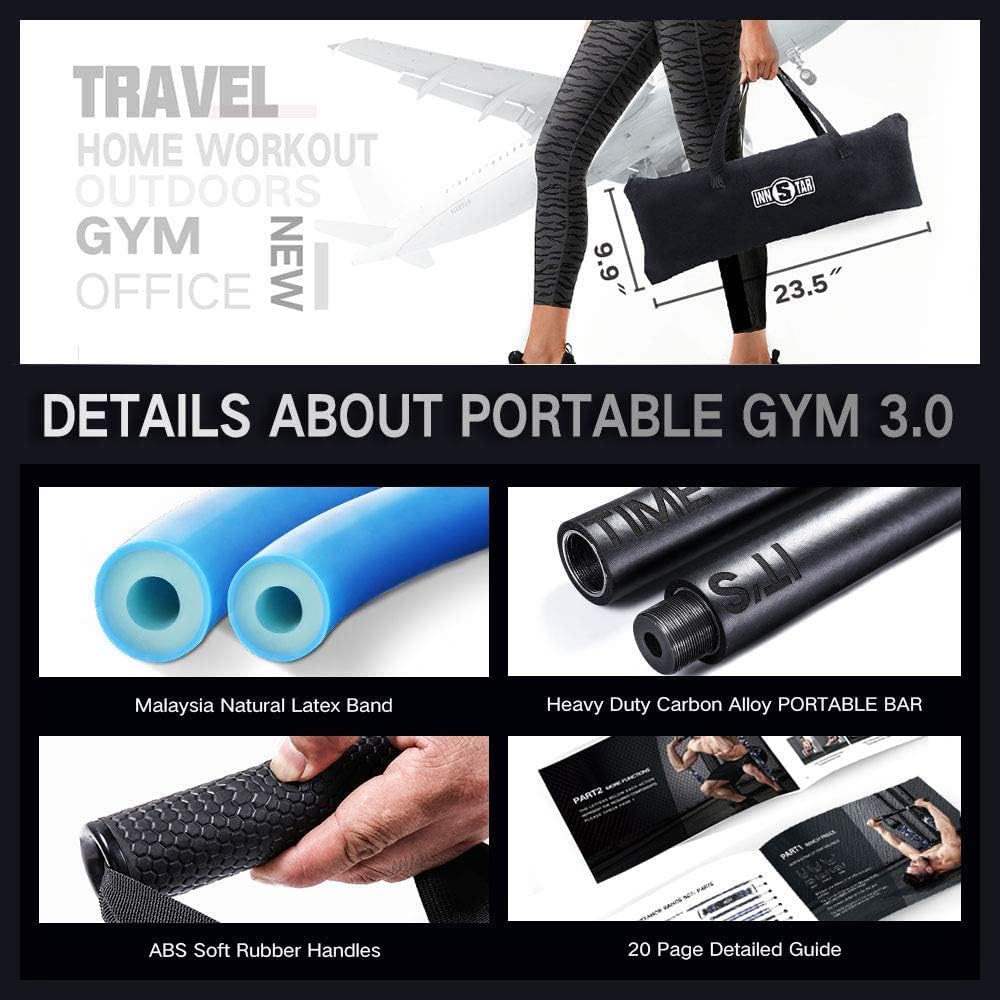 INNSTAR Portable Home Gym Set with Workout Bar, Bench Press Set, Squat Resistance Band, Door Anchor and More-Full Body Workout Equipment to Build Muscle and Shape Body