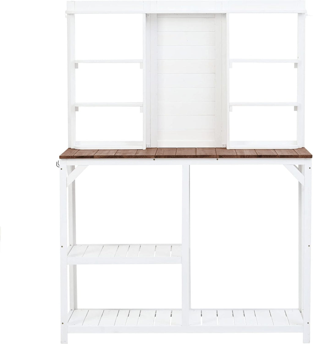 64.6' Outdoor Large Potting Bench Table,Wood Workstation with 6-Tier Shelves and Large Tabletop,Backsplash and Side Hook,for Mudroom Backyard Garden Patio (White@Shelves)