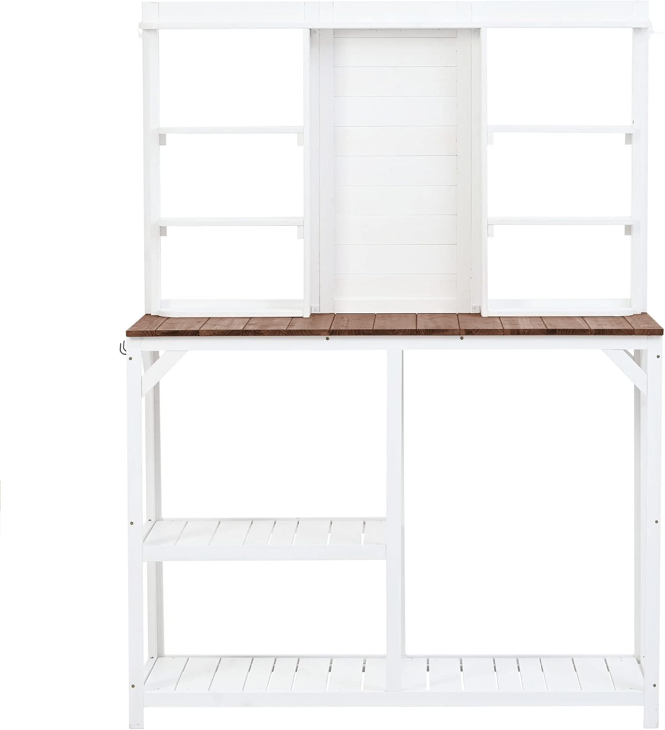 64.6' Outdoor Large Potting Bench Table,Wood Workstation with 6-Tier Shelves and Large Tabletop,Backsplash and Side Hook,for Mudroom Backyard Garden Patio (White@Shelves)