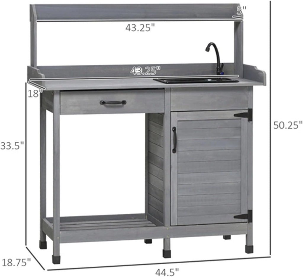 Gray Potting Bench Table with Removable Sink and Faucet, Wooden Outdoor Potters Benches with Storage Cabinet, Drawer, Top Shelves, Hooks, Garden Workstation for Outside Lawn Patio