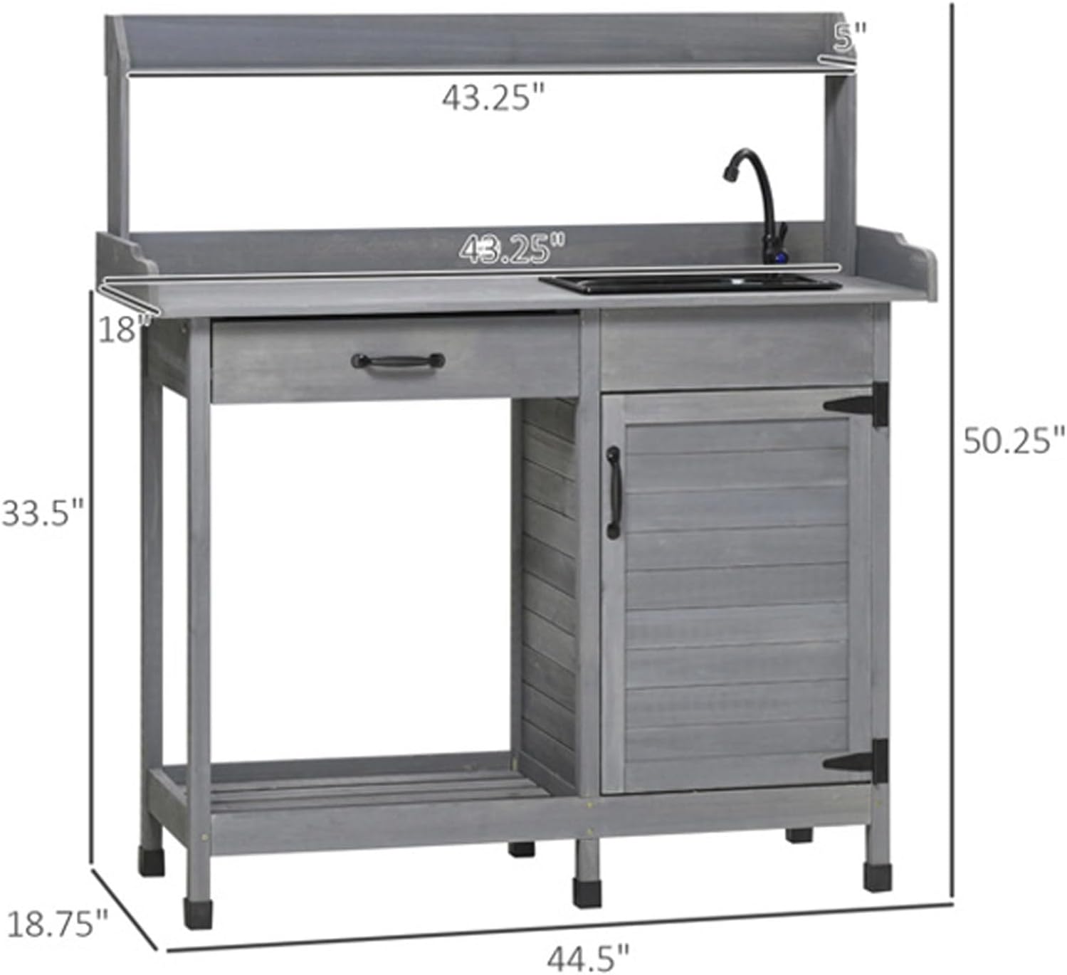 Wooden Potters Benches Table Outdoor Potting Bench Table with Removable Sink, Faucet, Drawer, Storage Cabinet, Top Shelves, Hooks, Outside Lawn Patio Garden Workstation, Gray