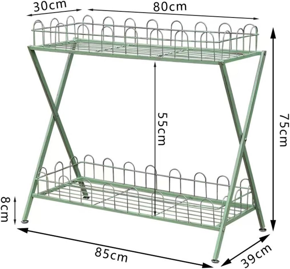 Garden Plant Stand,Outdoor Potting Bench Table,Old Balcony Iron Flower Stand with Fence,2 Tier Metal Waterproof Plant Shelf,for Living Room Patio Home Decor,Green