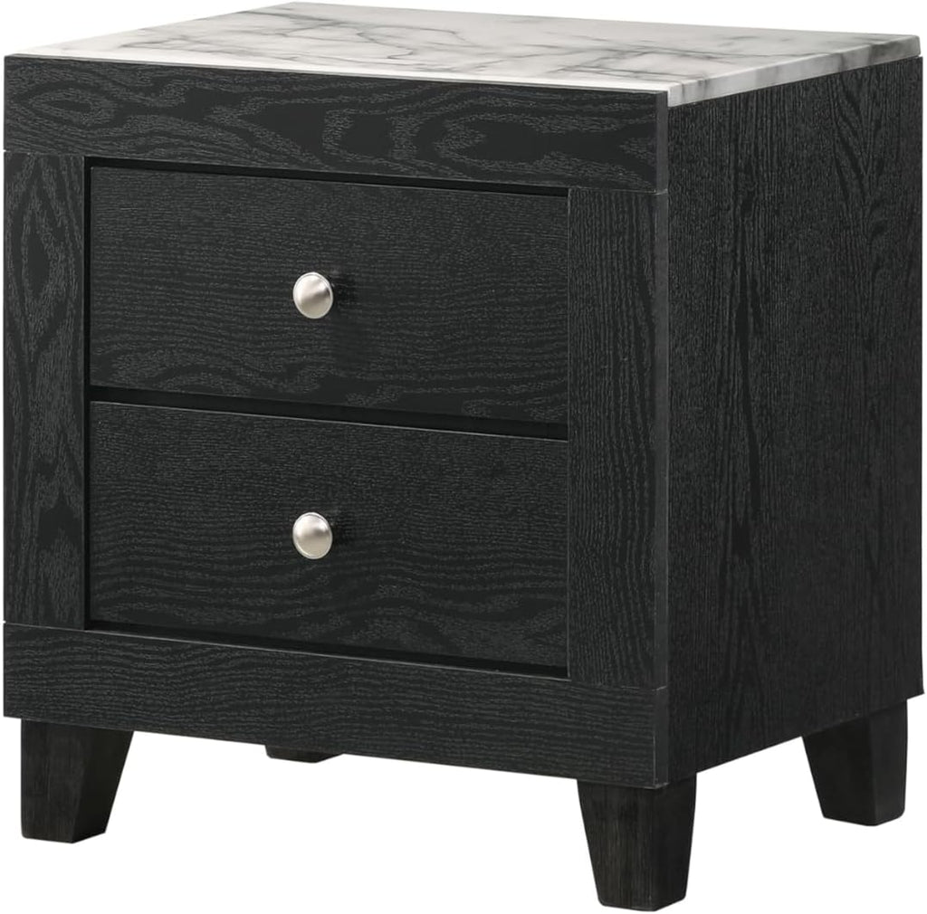 Modern 4Pc Black Finish King LED Light Headbaord Panel Bed Marble Look Accent Set Bedroom Solid Wood Wooden Furniture
