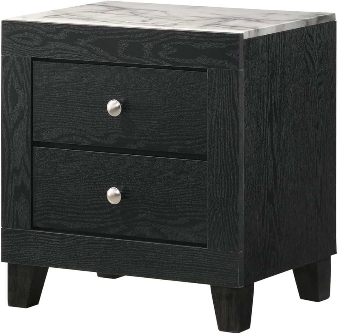 Modern 4Pc Black Finish King LED Light Headbaord Panel Bed Marble Look Accent Set Bedroom Solid Wood Wooden Furniture