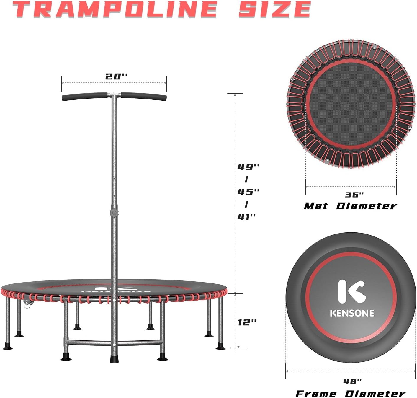 K KENSONE 40/48' Low-Impact Rebounder Trampoline for Adults with Bungee, 450/550LBS Quiet Mini Exercise Trampoline with Adjustable U/T-Shaped Foam Handle Bar, Fitness Equipment for Indoor/Gym Workout