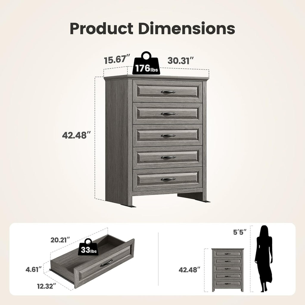 Pipishell Grey 5 Drawers Dresser Chests for Bedroom, 42.7 Inch Tall Wooden Dresser, Farmhouse Storgae Organizer with Large Drawers & Bar Handles for Bedroom, Entryway, Hallway, Grey