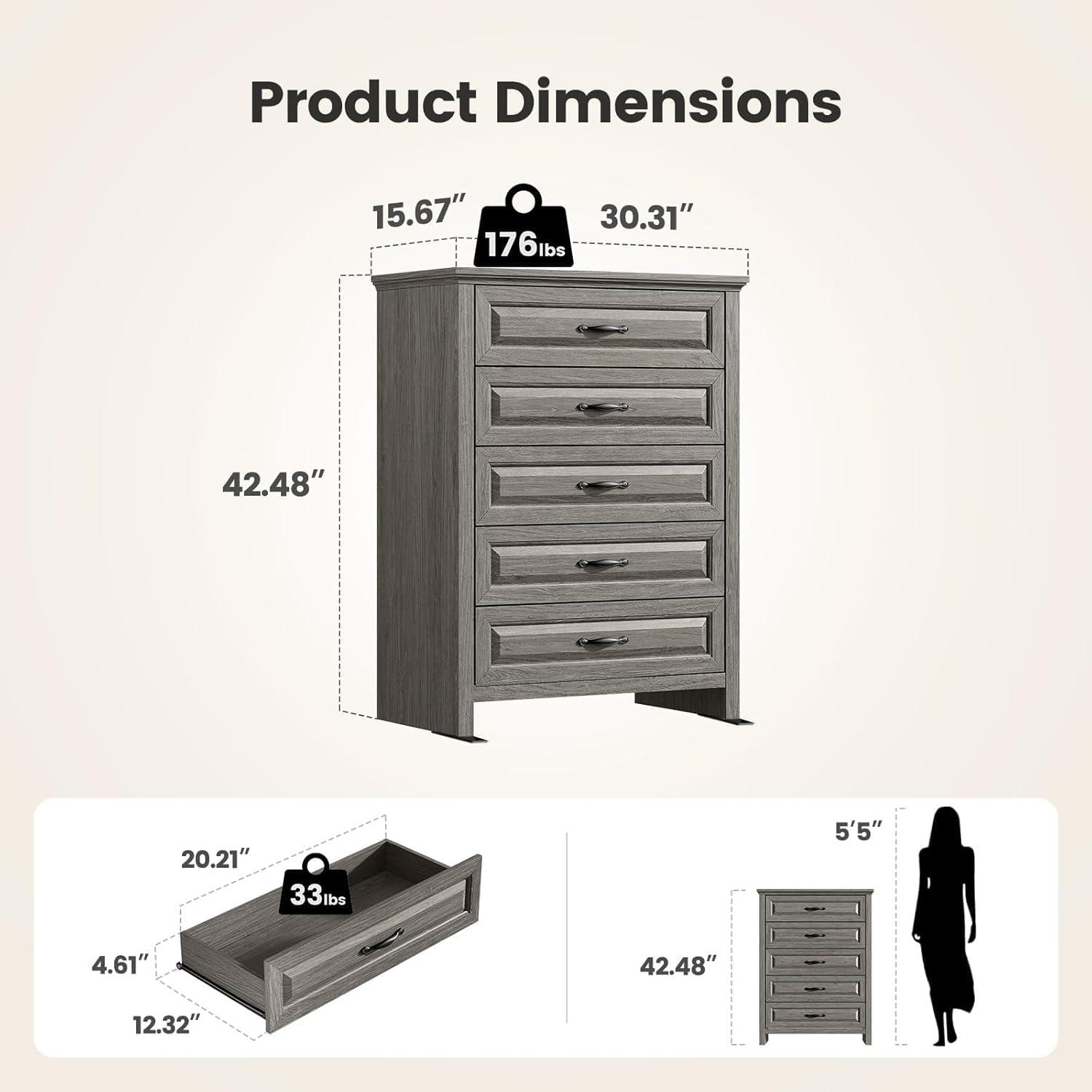 Pipishell Grey 5 Drawers Dresser Chests for Bedroom, 42.7 Inch Tall Wooden Dresser, Farmhouse Storgae Organizer with Large Drawers & Bar Handles for Bedroom, Entryway, Hallway, Grey
