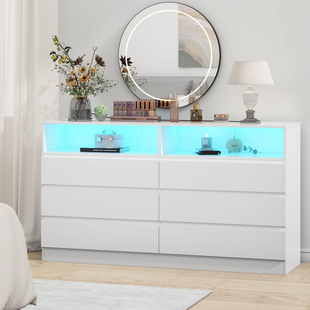Loomie 6 Drawers Dresser, White Accent Chests of Drawers with Power Outlet and LED Light for Bedroom Living Romm