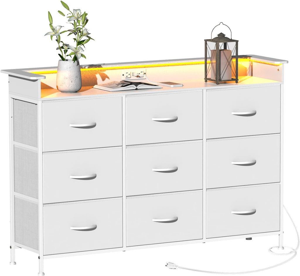 EXOTICA White Dresser with LED Light for Bedroom 9 Drawer Dressers with Charging Station Chests of Drawers for Entryway Closet Living Room Hallway Sturdy Steel Frame Wooden Top Easy Pull Handle
